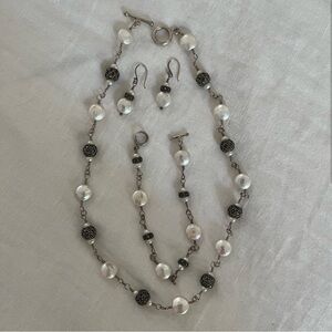 Necklace Earrings and Bracelet Set Sterling Silver Fresh Water Pearl Marcasite